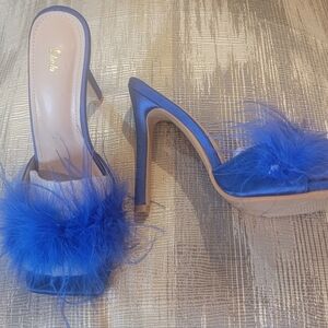Royal Blue High Heel Stiletto Feather Fluffy Sandals/Sexy Slippers/Mules/Slides